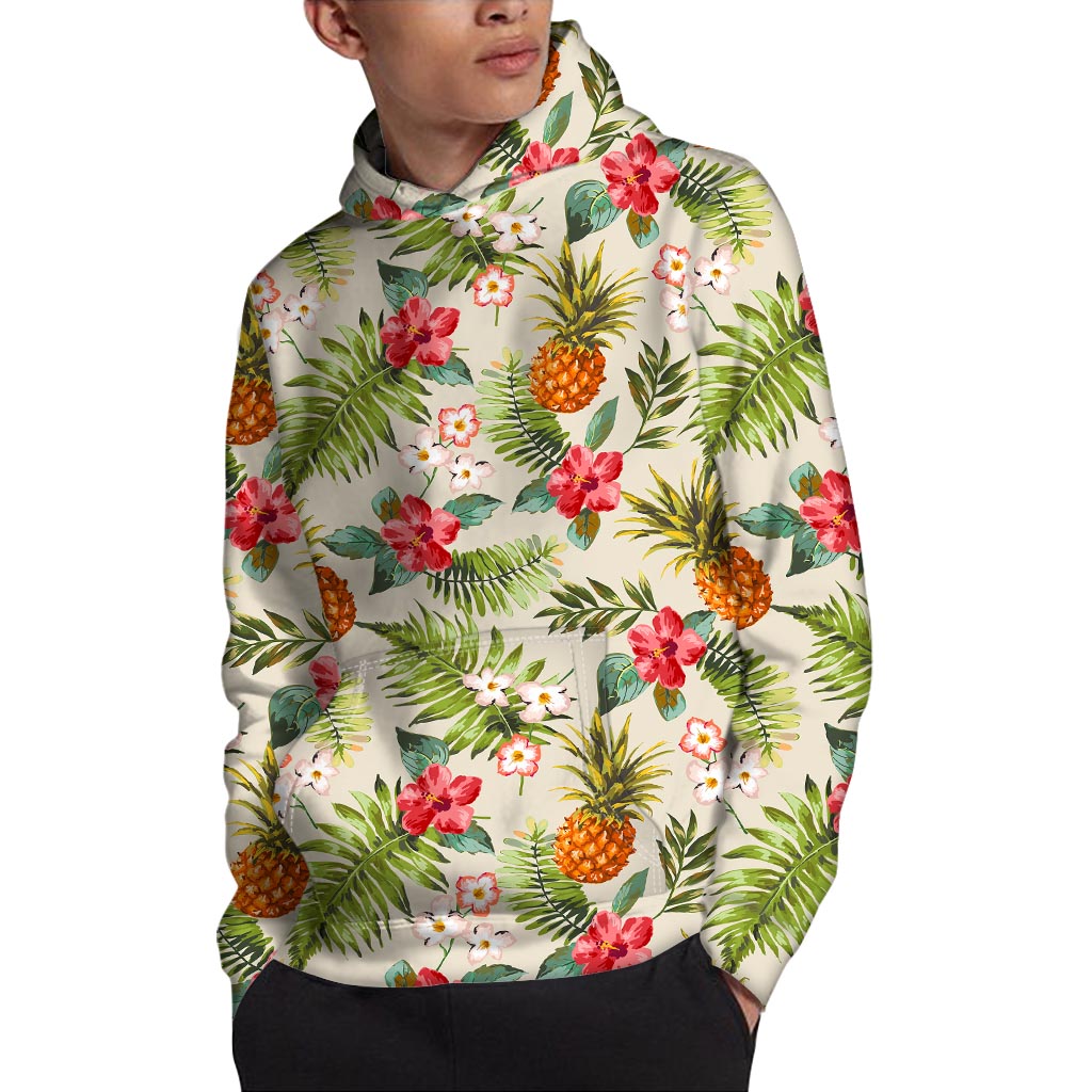 White Aloha Pineapple Pattern Print Pullover Hoodie