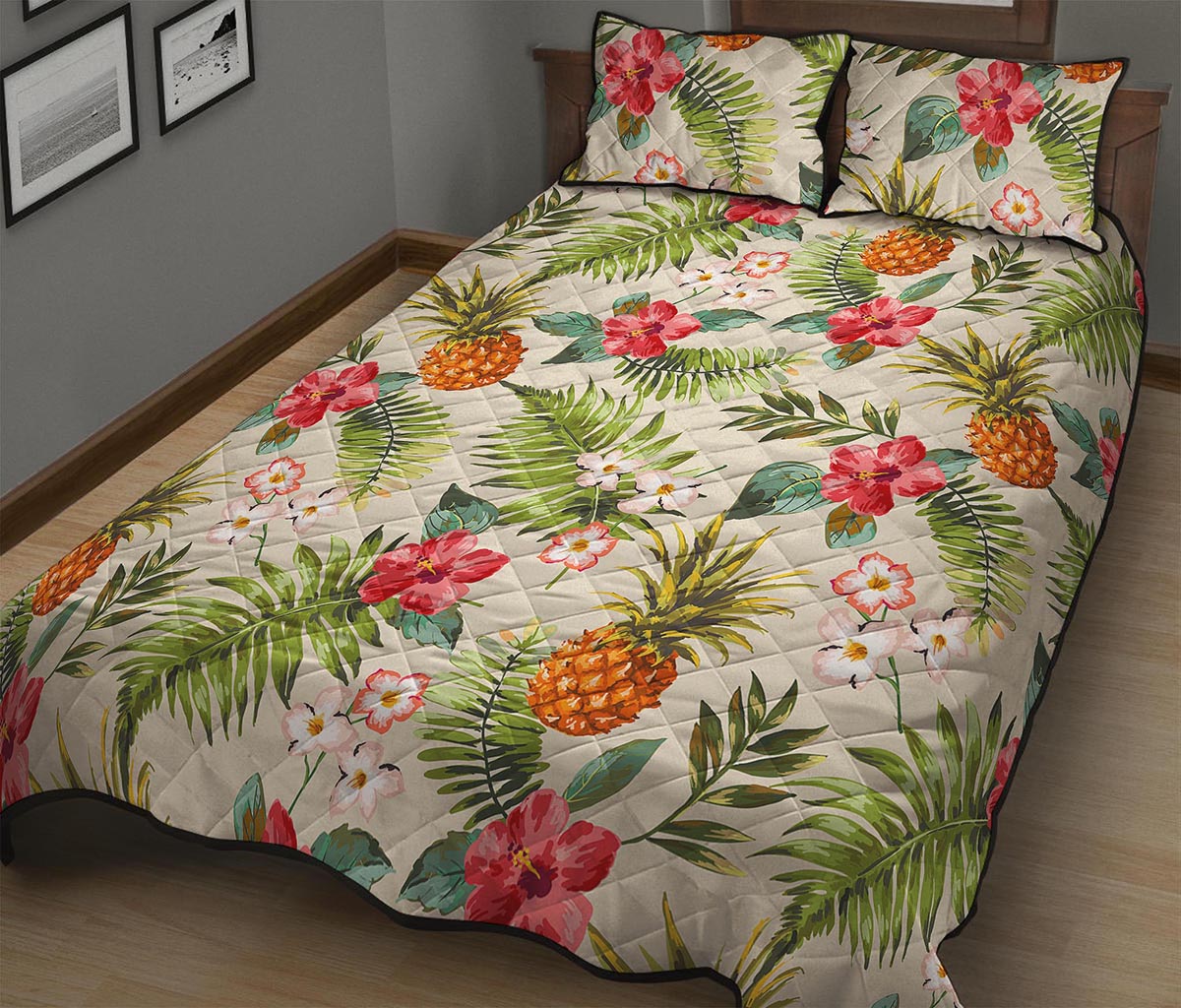 White Aloha Pineapple Pattern Print Quilt Bed Set