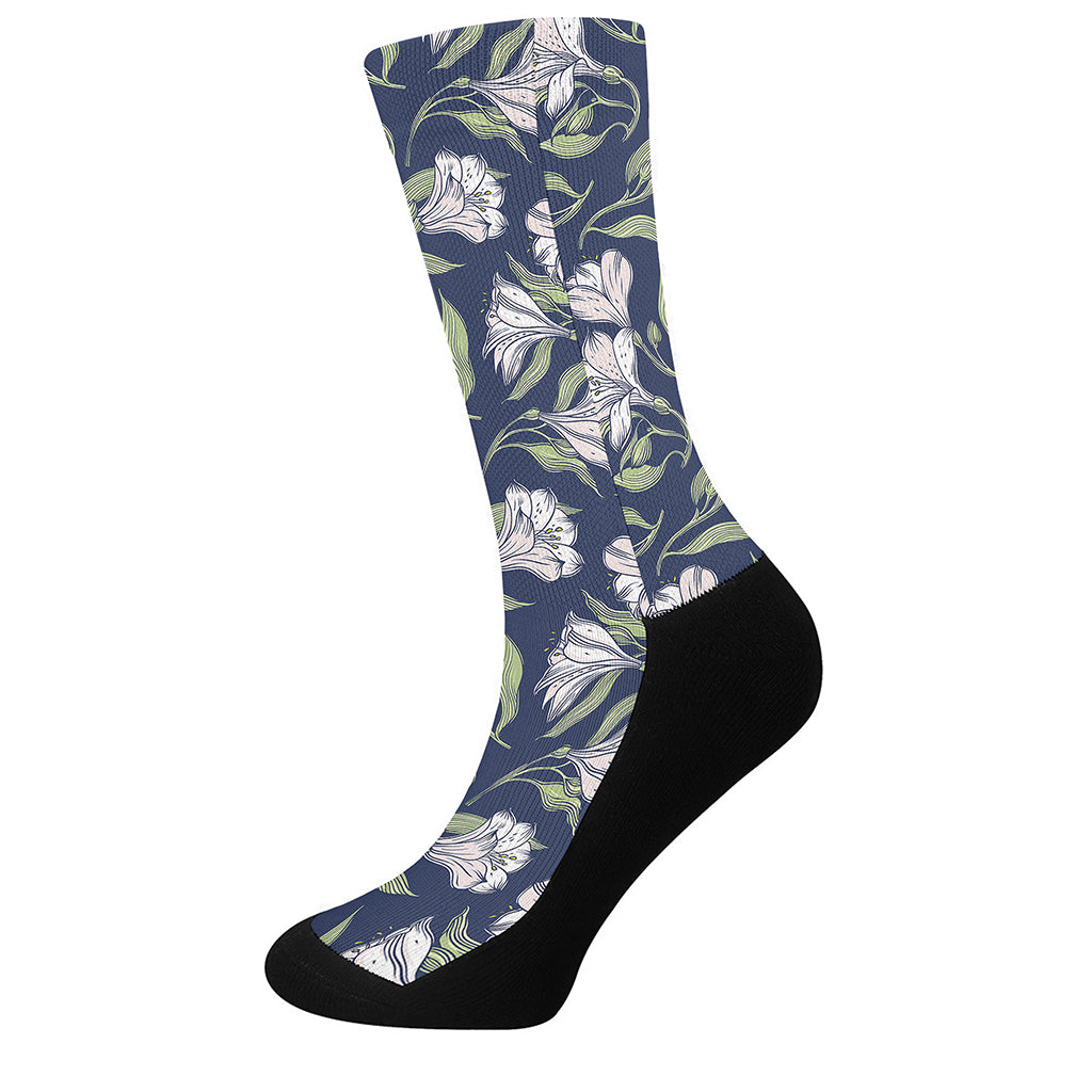 White Alstroemeria Pattern Print Crew Socks