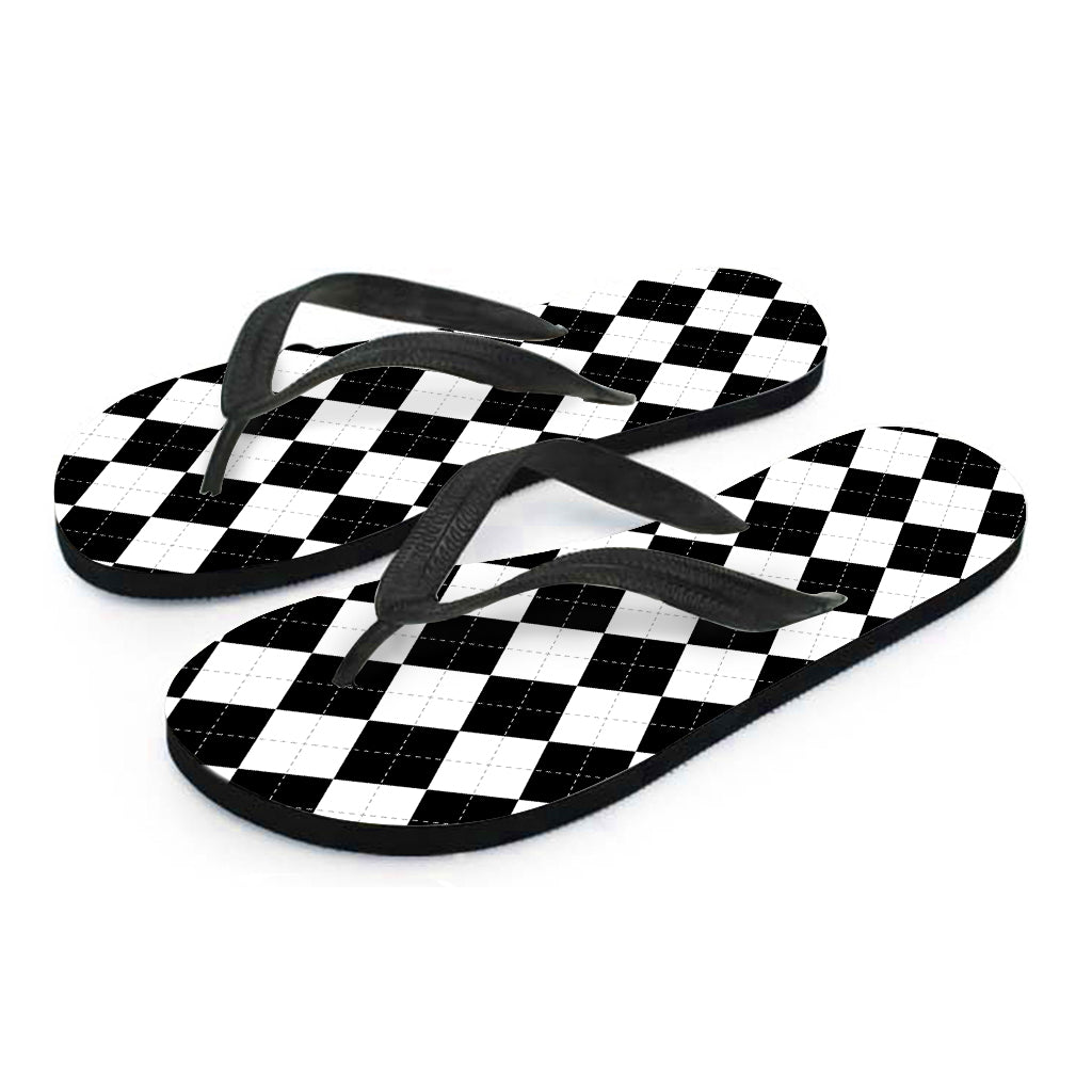 White And Black Argyle Pattern Print Flip Flops