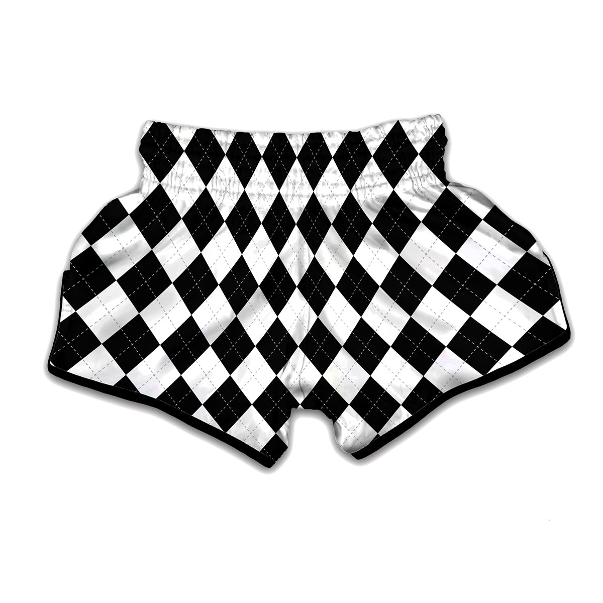 White And Black Argyle Pattern Print Muay Thai Boxing Shorts