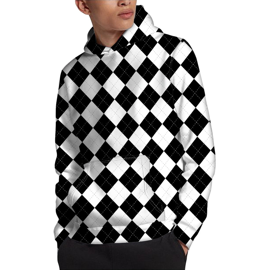 White And Black Argyle Pattern Print Pullover Hoodie