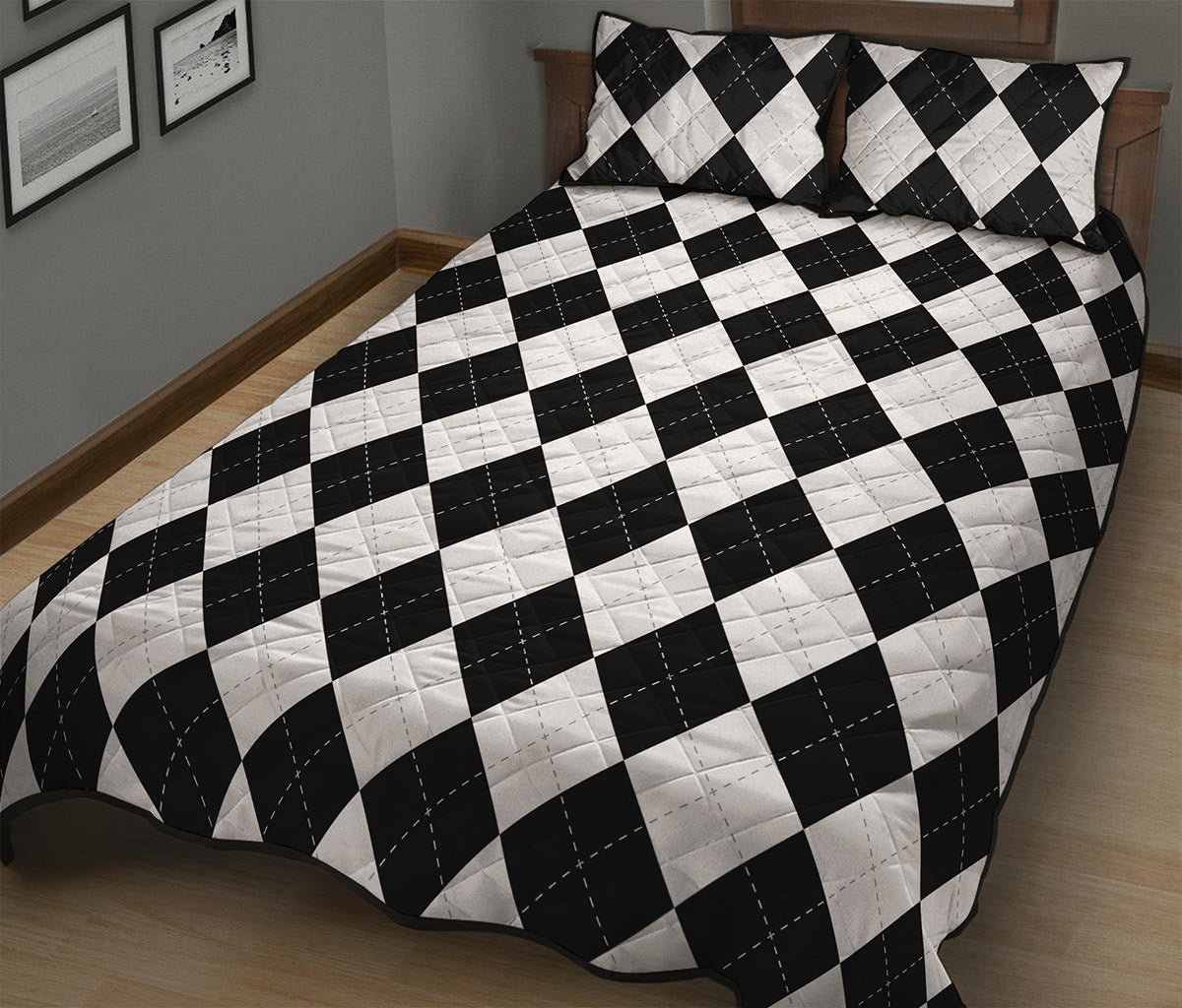 White And Black Argyle Pattern Print Quilt Bed Set