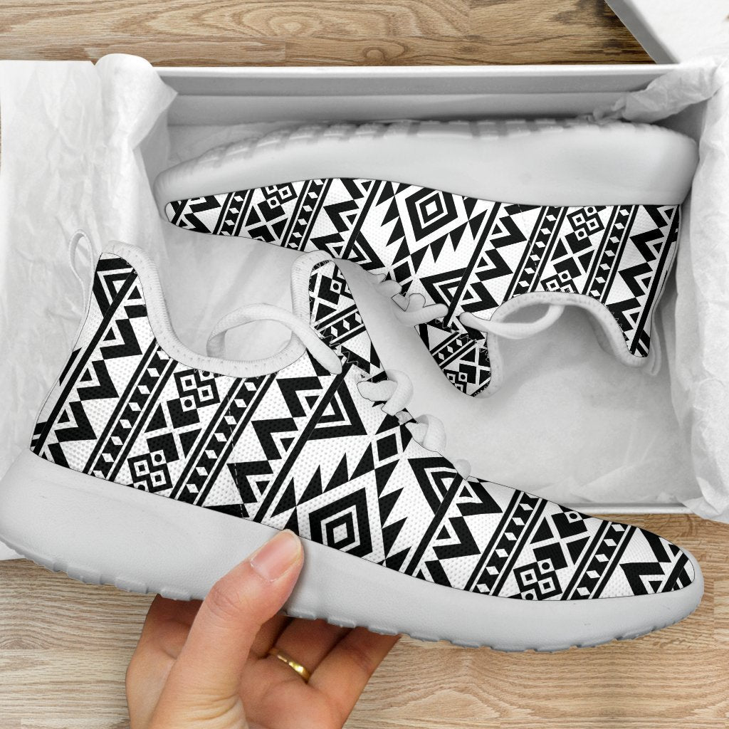 White And Black Aztec Pattern Print Mesh Knit Shoes GearFrost