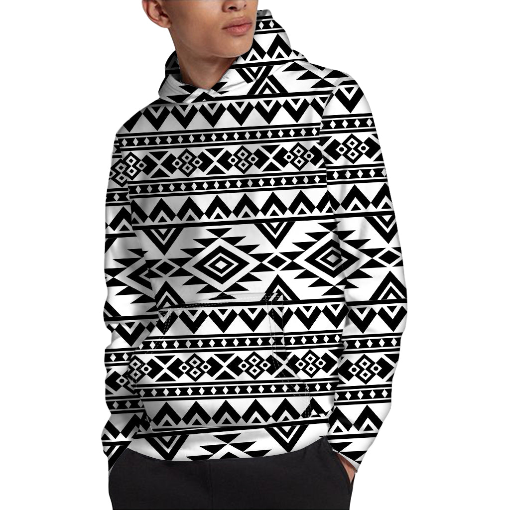 White And Black Aztec Pattern Print Pullover Hoodie