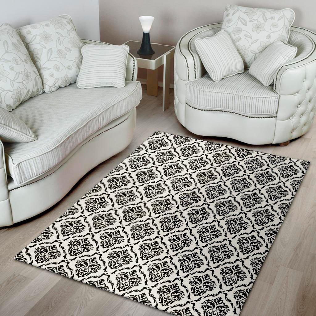 White And Black Damask Pattern Print Area Rug