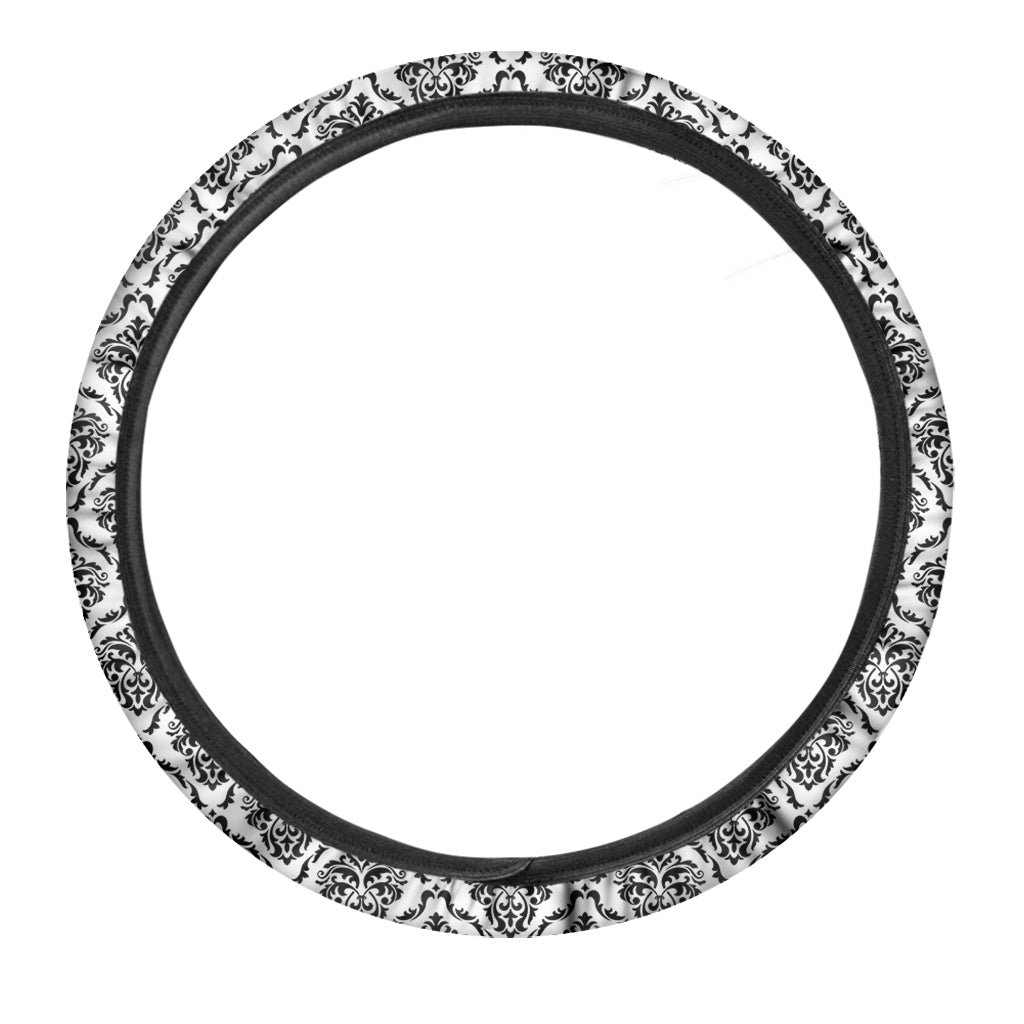 White And Black Damask Pattern Print Car Steering Wheel Cover