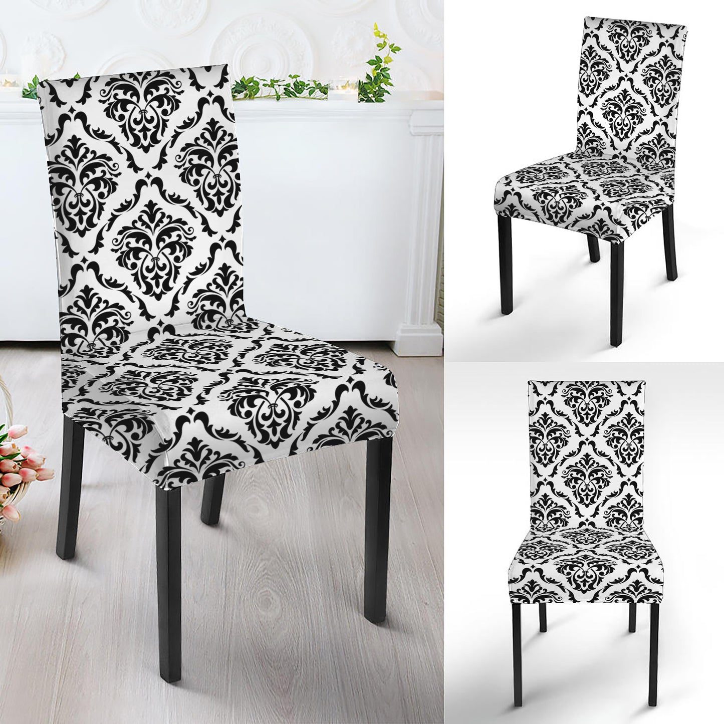 White And Black Damask Pattern Print Dining Chair Slipcover