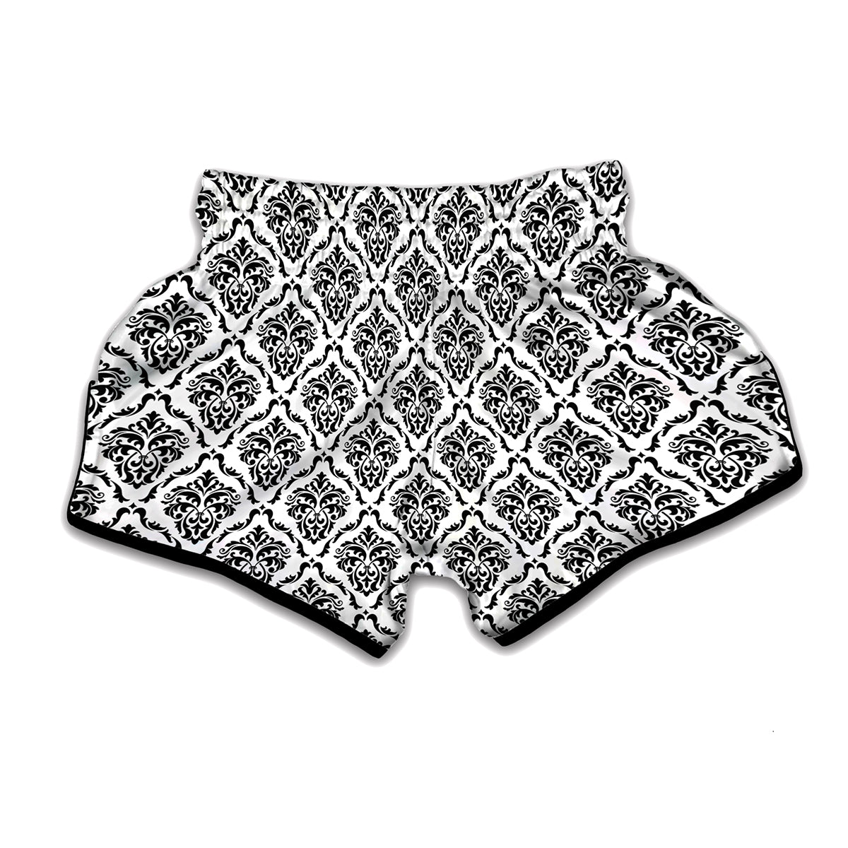 White And Black Damask Pattern Print Muay Thai Boxing Shorts