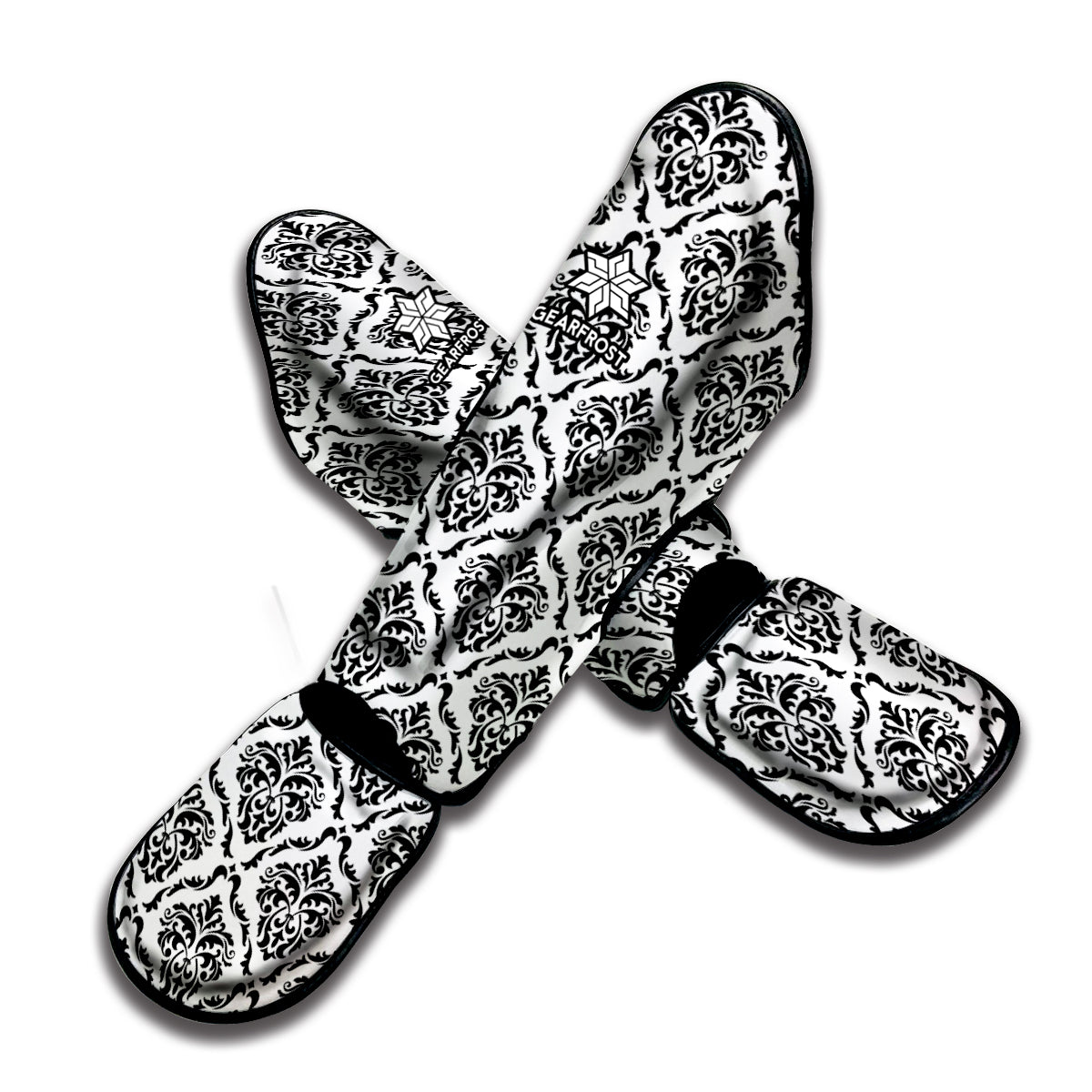 White And Black Damask Pattern Print Muay Thai Shin Guard