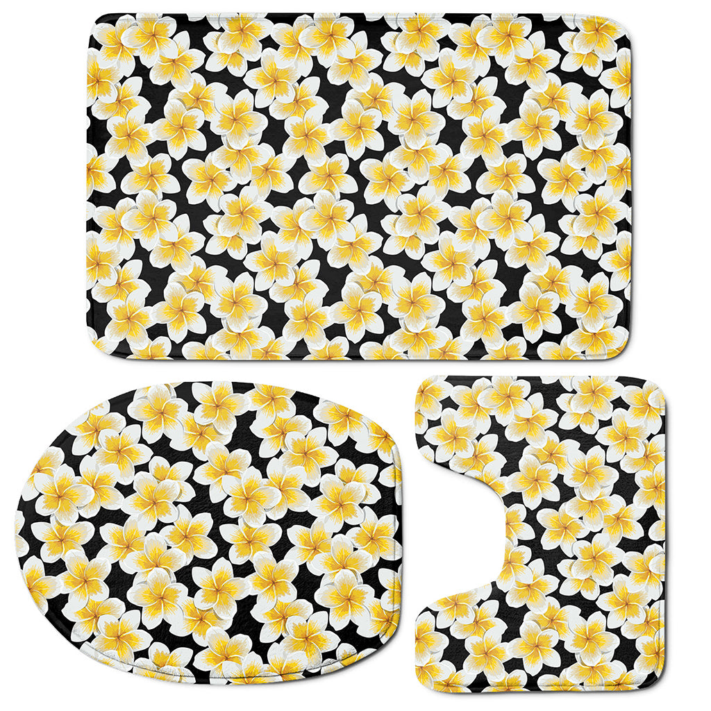 White And Black Frangipani Pattern Print 3 Piece Bath Mat Set