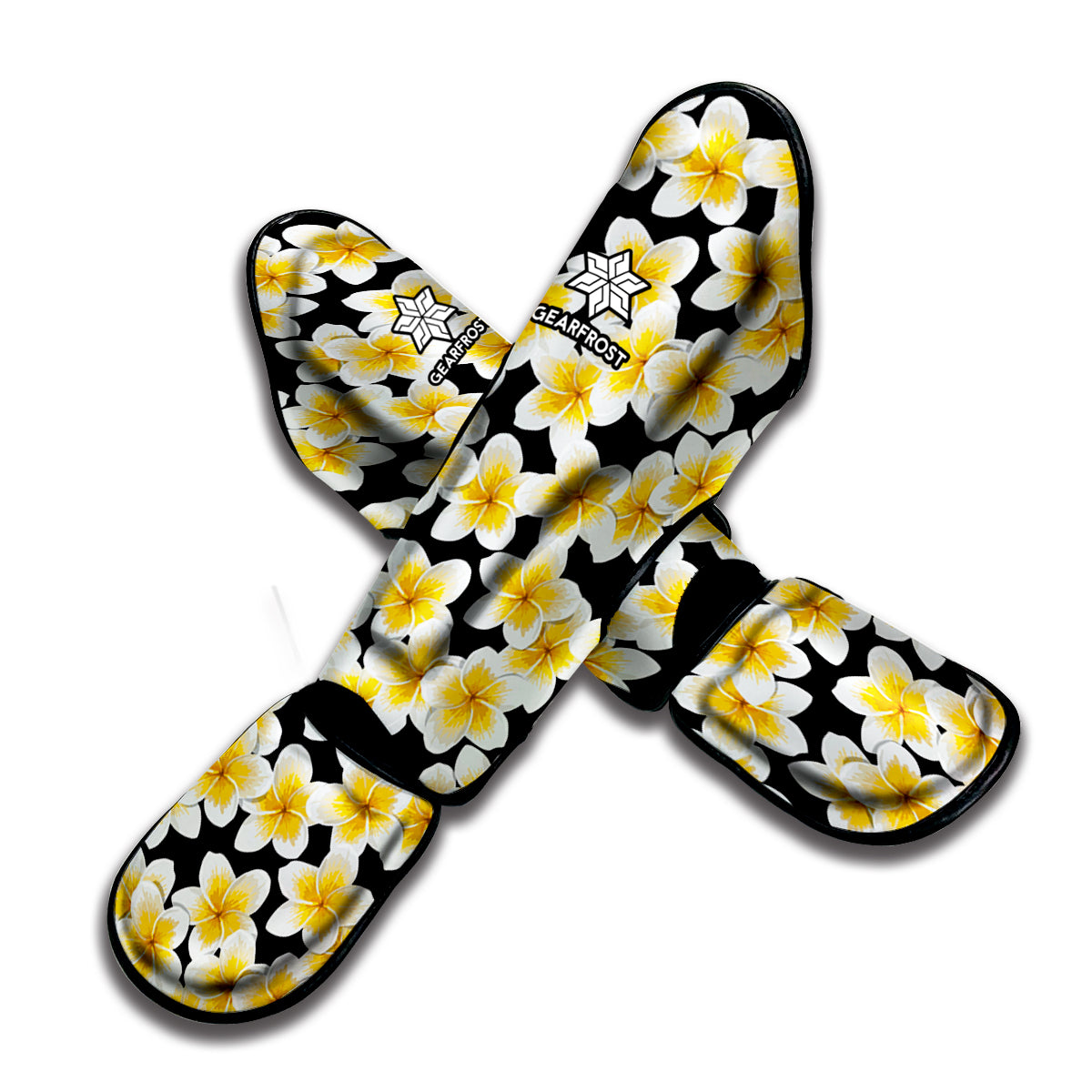 White And Black Frangipani Pattern Print Muay Thai Shin Guard