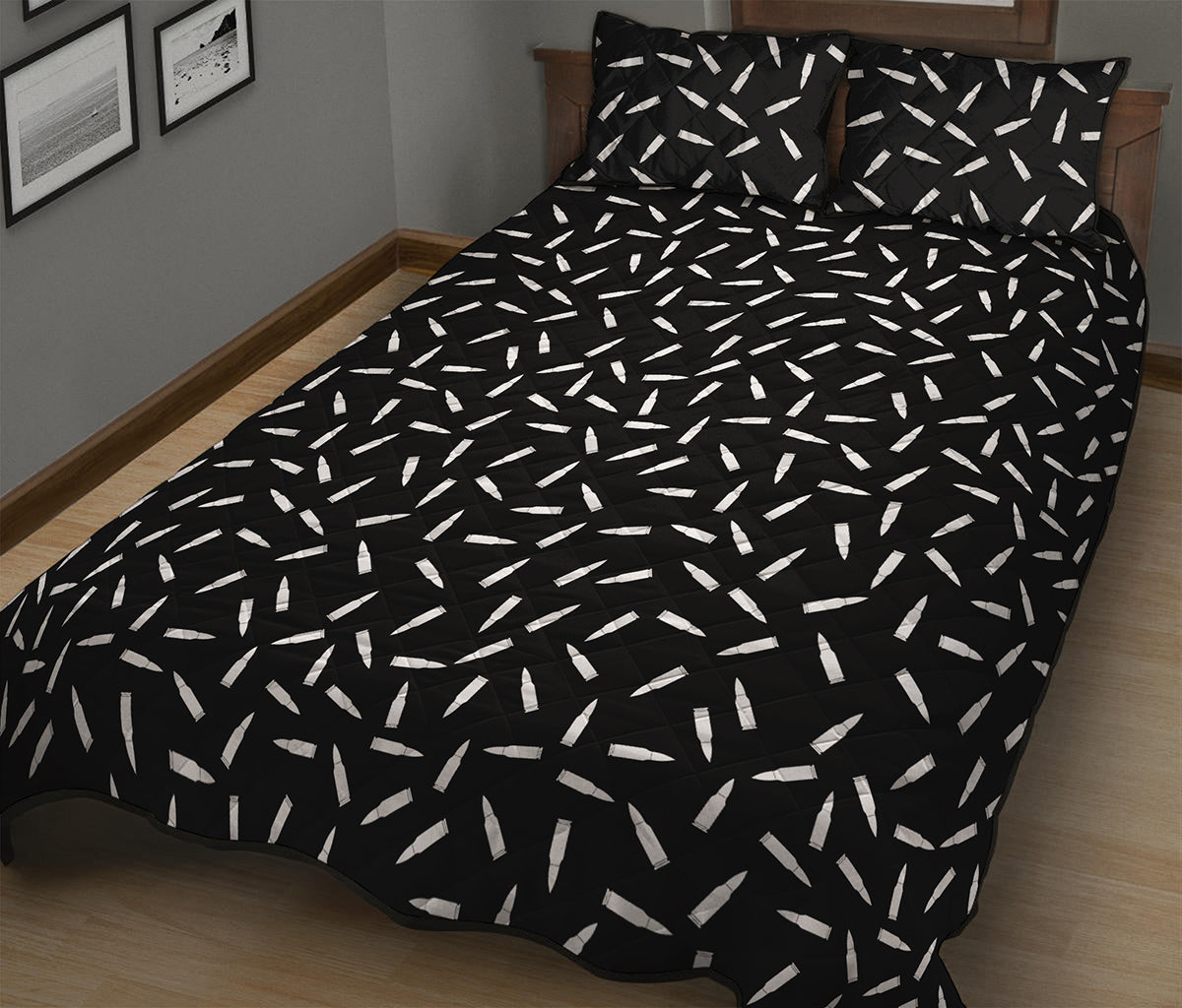 White And Black Gun Bullet Pattern Print Quilt Bed Set