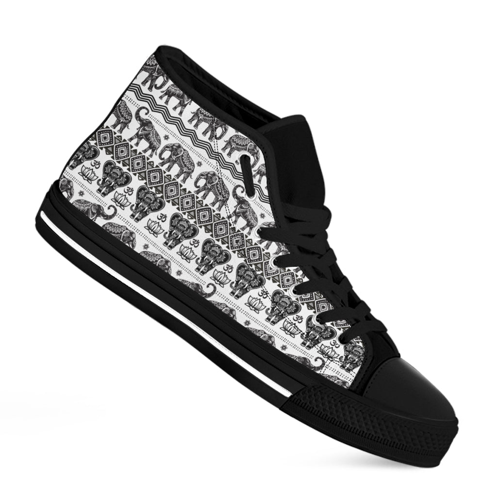 White And Black Indian Elephant Print Black High Top Shoes