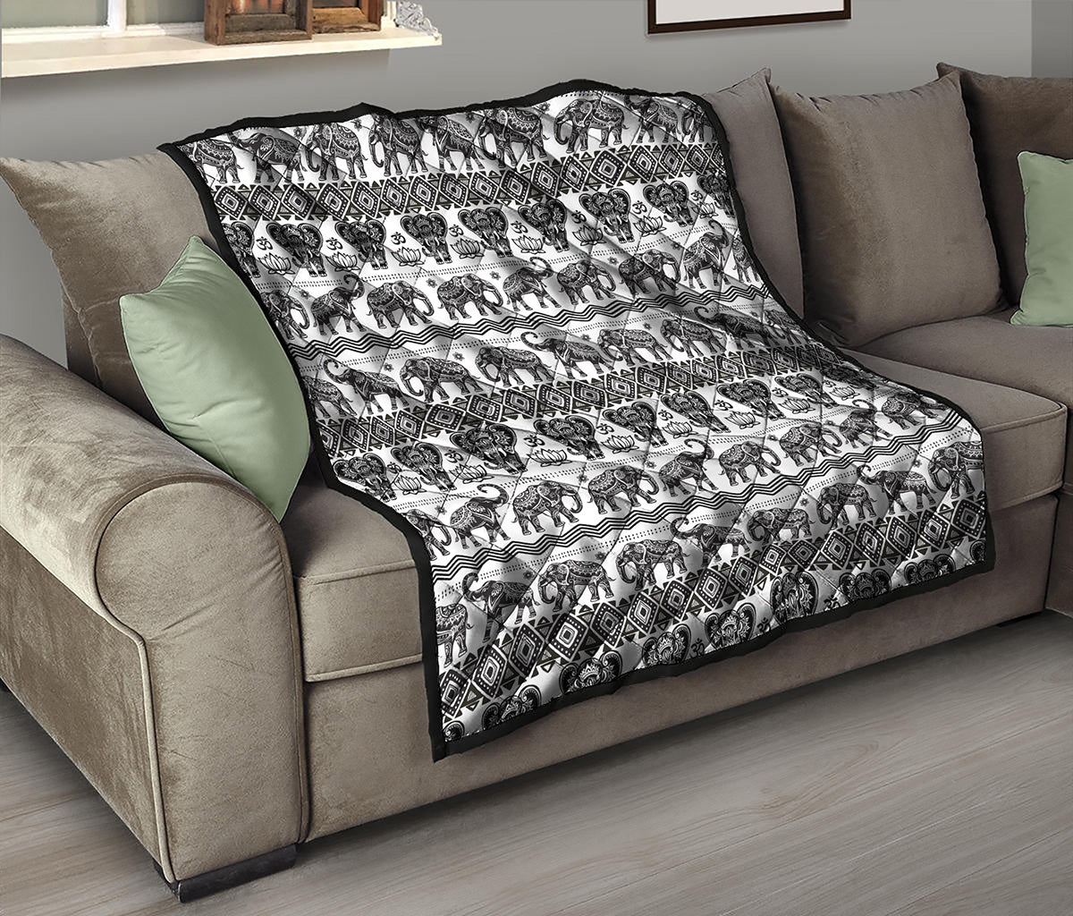 White And Black Indian Elephant Print Quilt