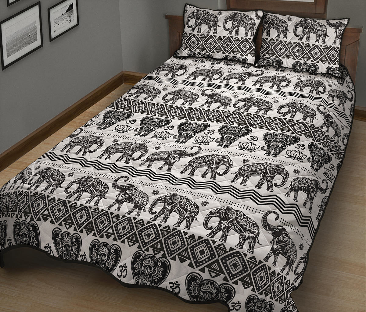 White And Black Indian Elephant Print Quilt Bed Set