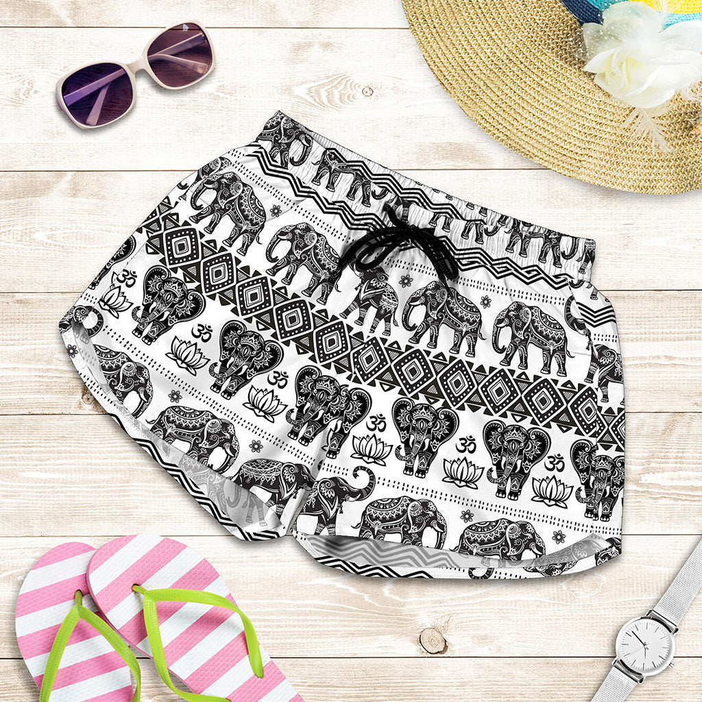 White And Black Indian Elephant Print Women's Shorts