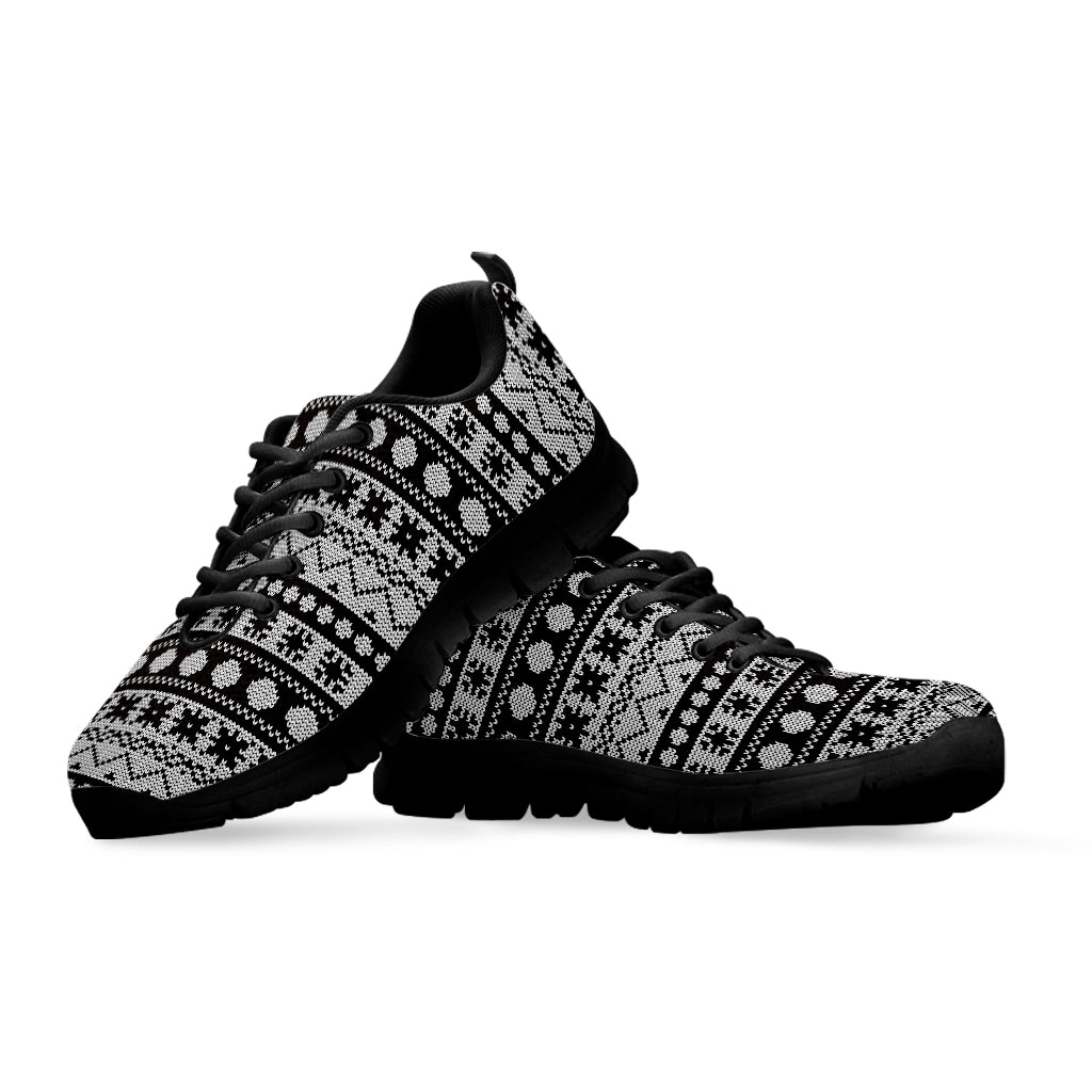 White And Black Knitted Pattern Print Black Sneakers