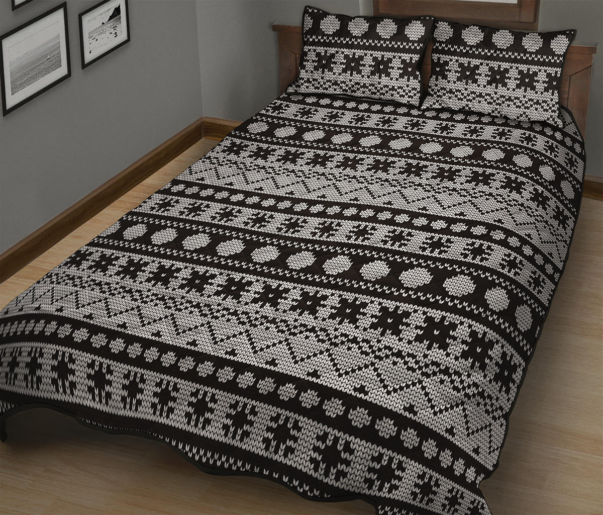 White And Black Knitted Pattern Print Quilt Bed Set