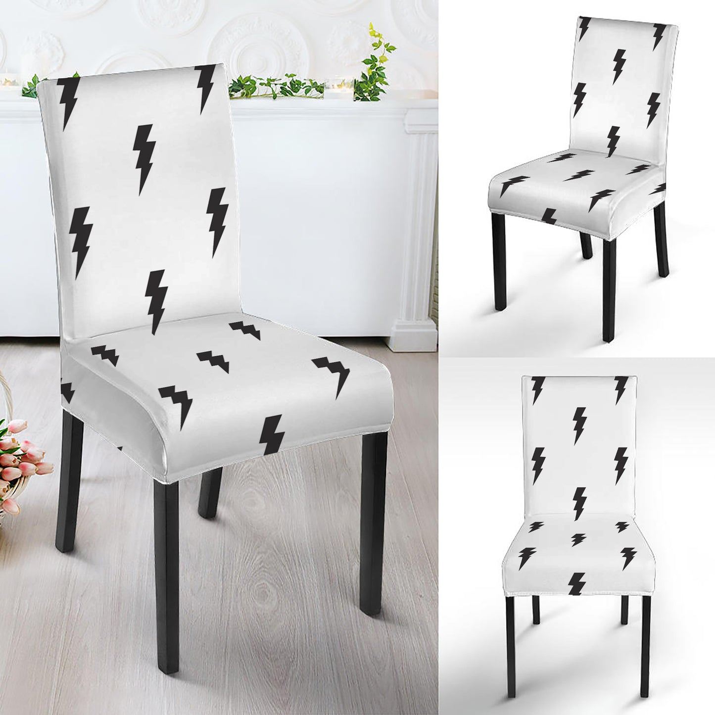 White And Black Lightning Pattern Print Dining Chair Slipcover