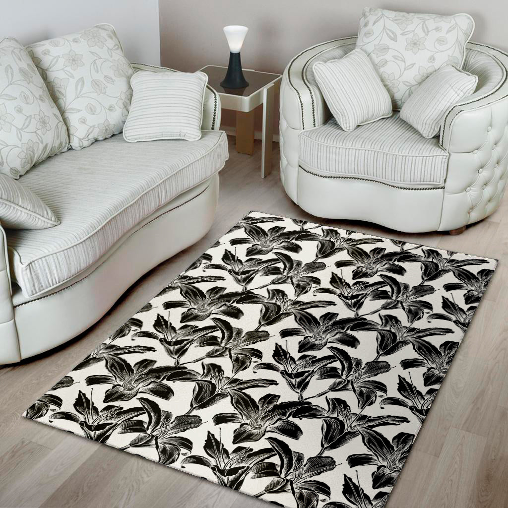 White And Black Lily Pattern Print Area Rug