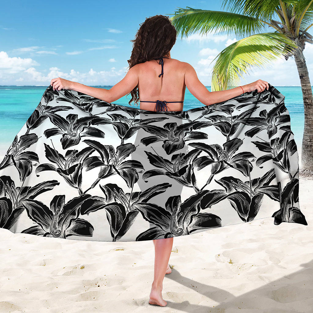 White And Black Lily Pattern Print Beach Sarong Wrap