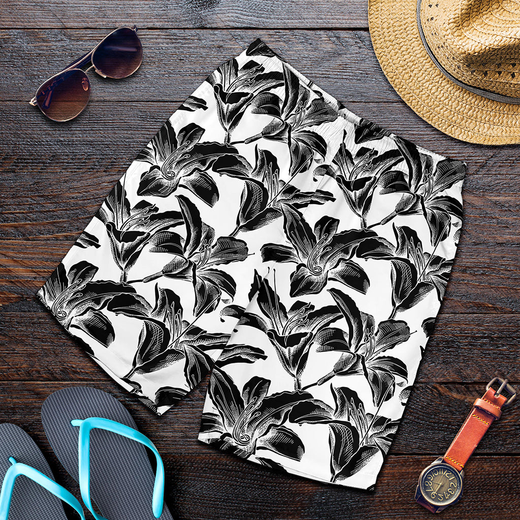 White And Black Lily Pattern Print Men's Shorts