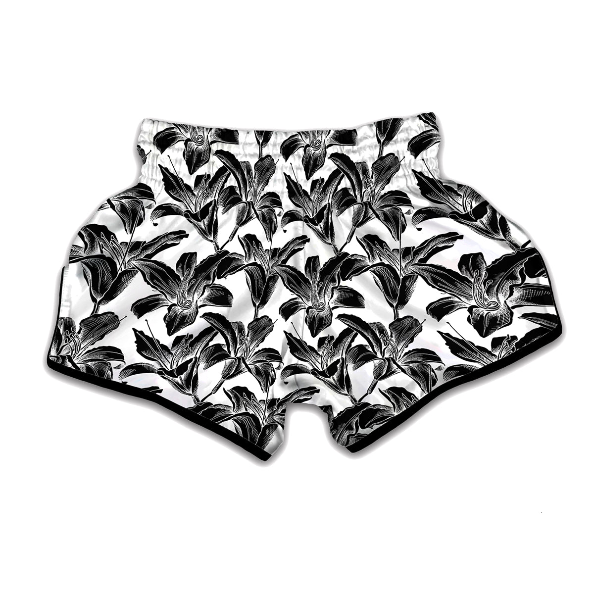 White And Black Lily Pattern Print Muay Thai Boxing Shorts