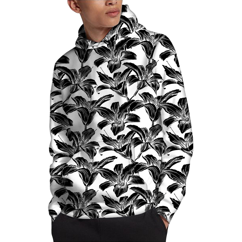 White And Black Lily Pattern Print Pullover Hoodie