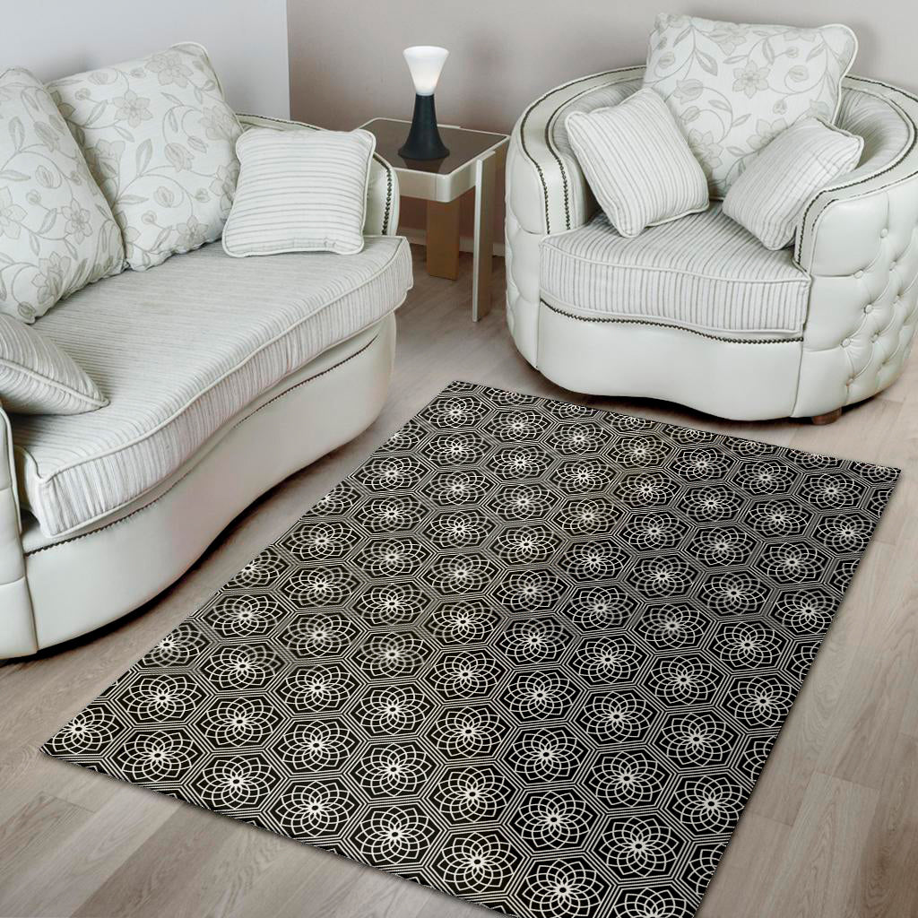 White And Black Lotus Pattern Print Area Rug