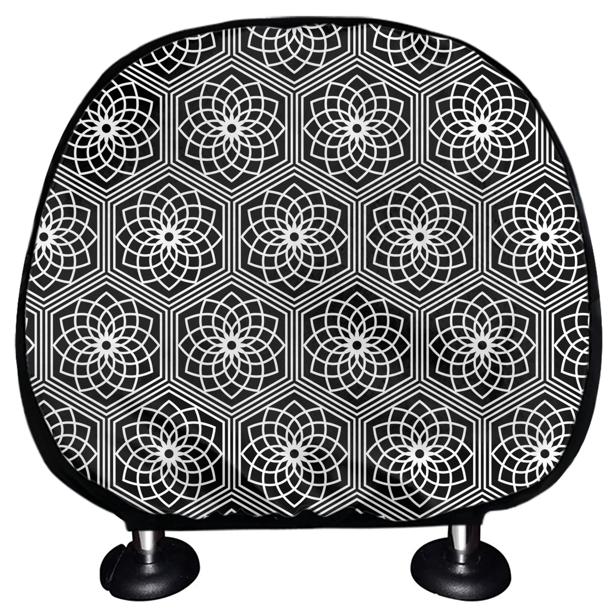 White And Black Lotus Pattern Print Car Headrest Covers