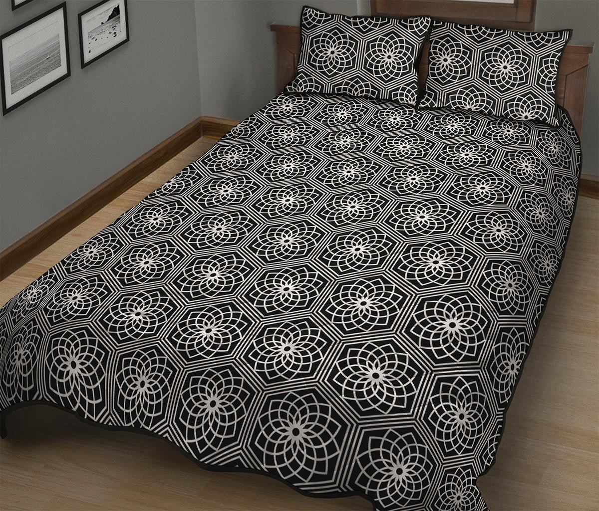 White And Black Lotus Pattern Print Quilt Bed Set