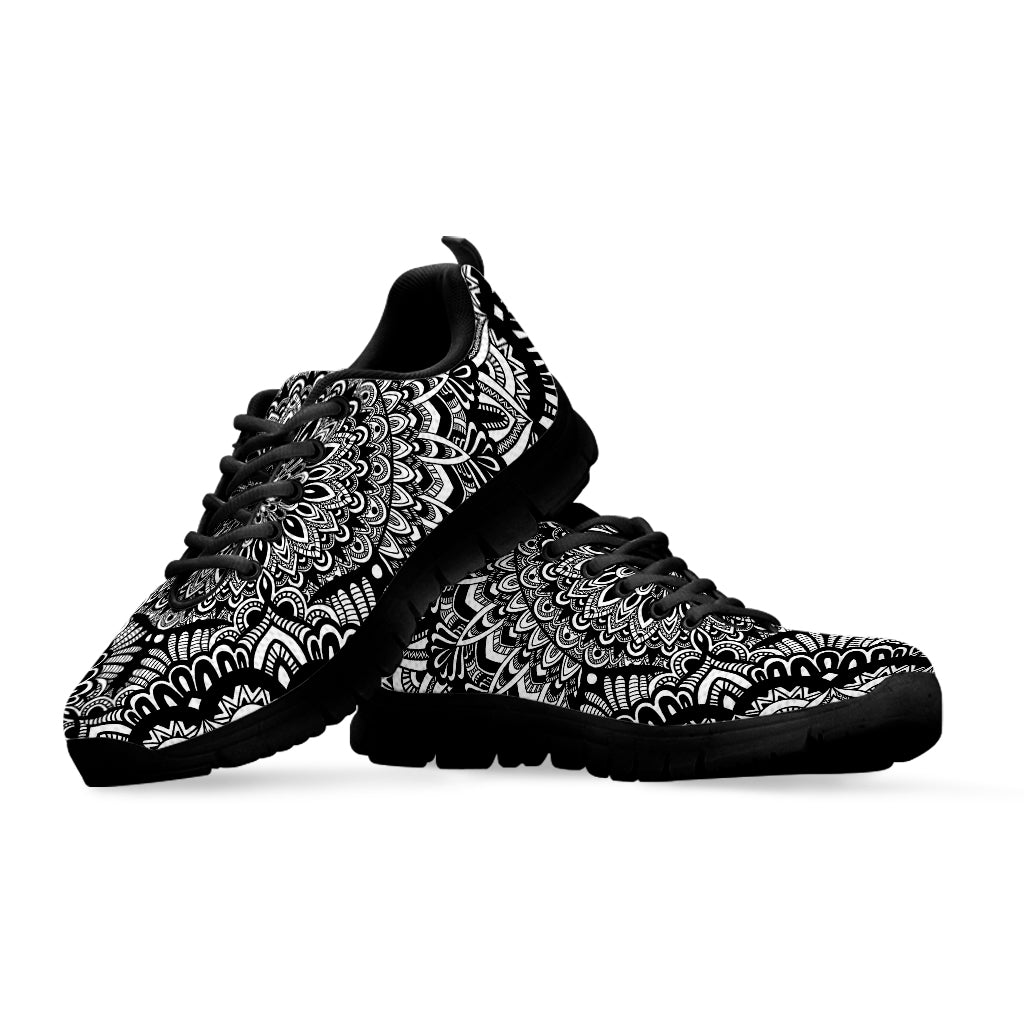 White And Black Mandala Print Black Sneakers