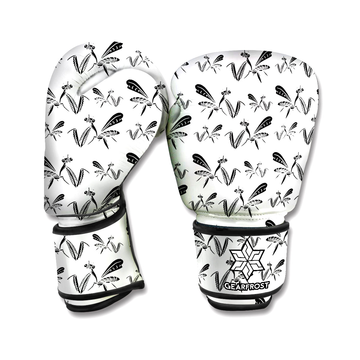 White And Black Mantis Pattern Print Boxing Gloves