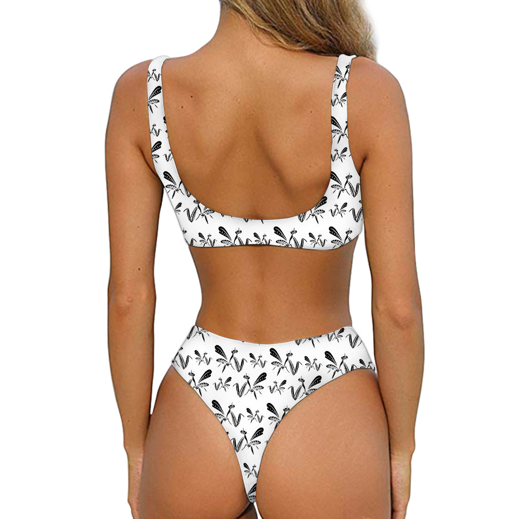 White And Black Mantis Pattern Print Front Bow Tie Bikini