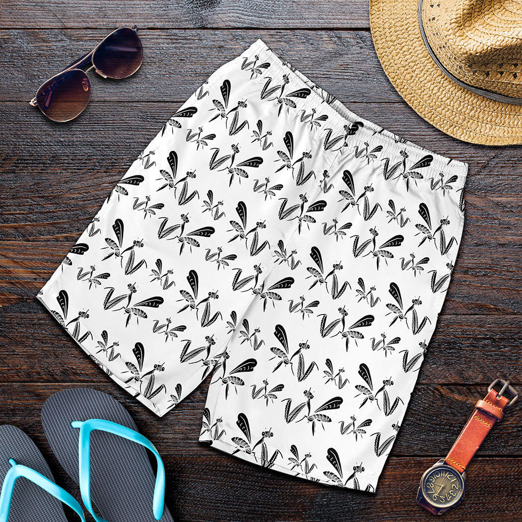 White And Black Mantis Pattern Print Men's Shorts