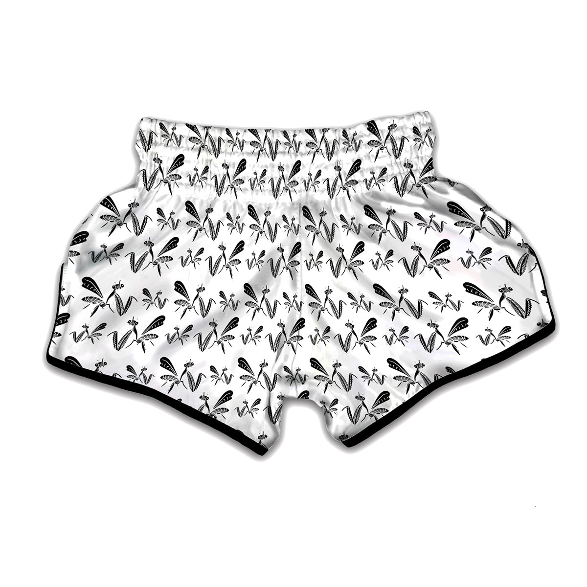 White And Black Mantis Pattern Print Muay Thai Boxing Shorts