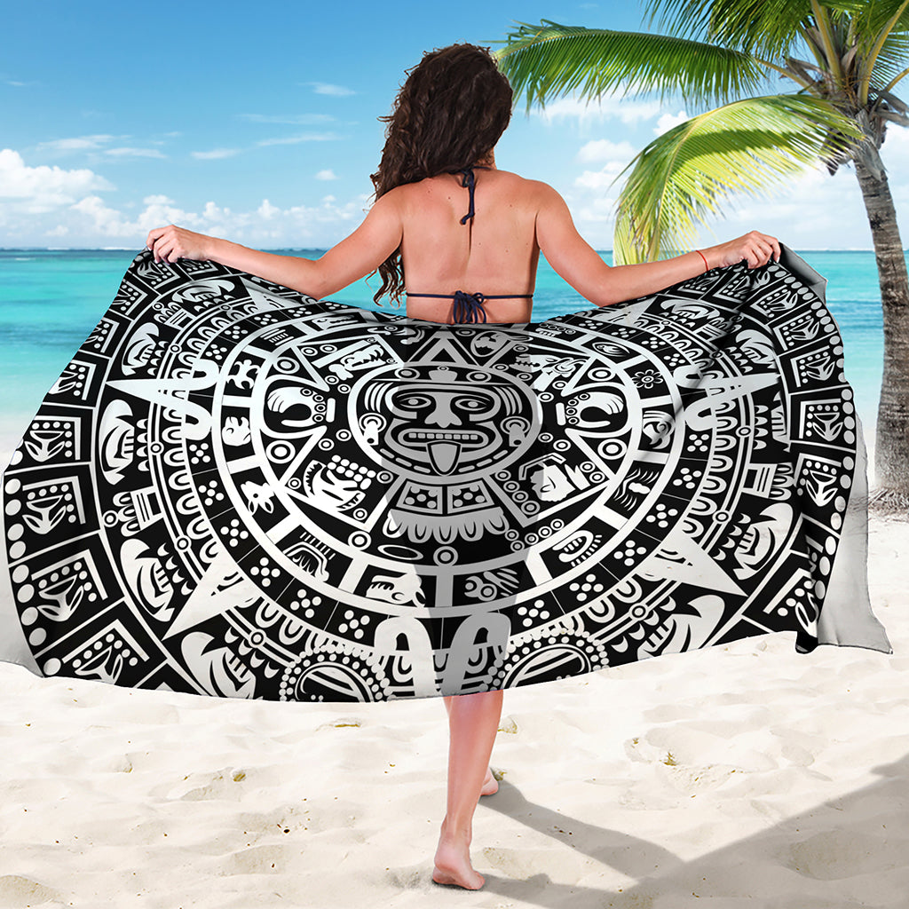 White And Black Maya Calendar Print Beach Sarong Wrap