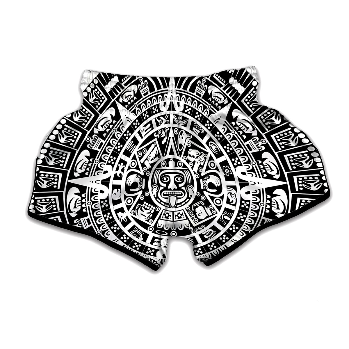 White And Black Maya Calendar Print Muay Thai Boxing Shorts