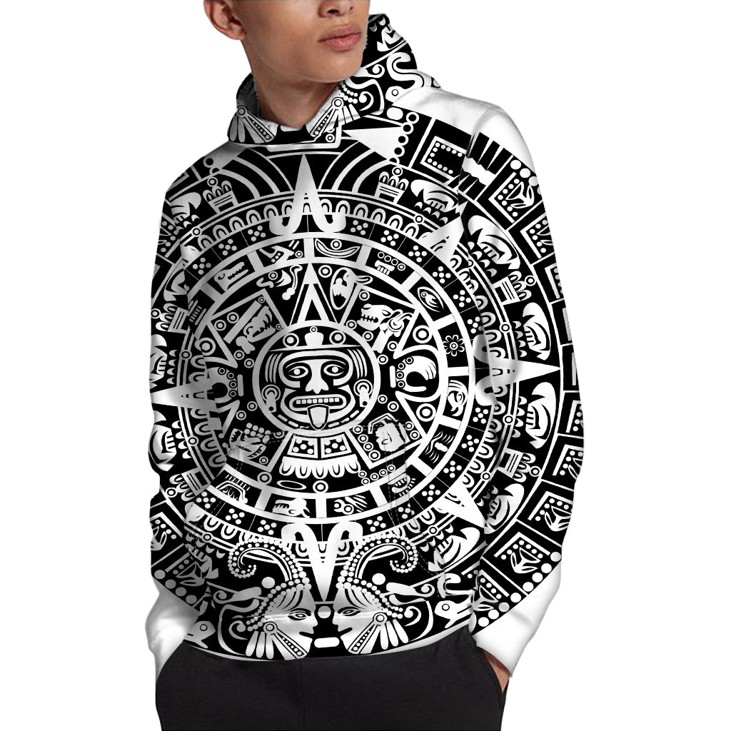 White And Black Maya Calendar Print Pullover Hoodie