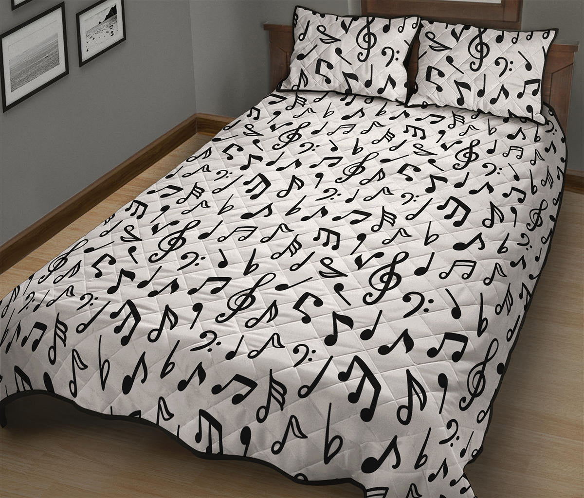 White And Black Music Note Pattern Print Quilt Bed Set