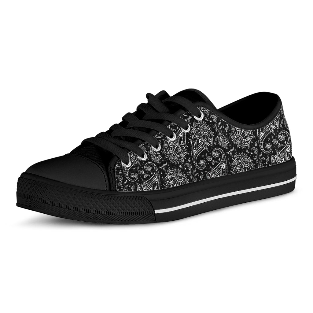 White And Black Paisley Pattern Print Black Low Top Shoes