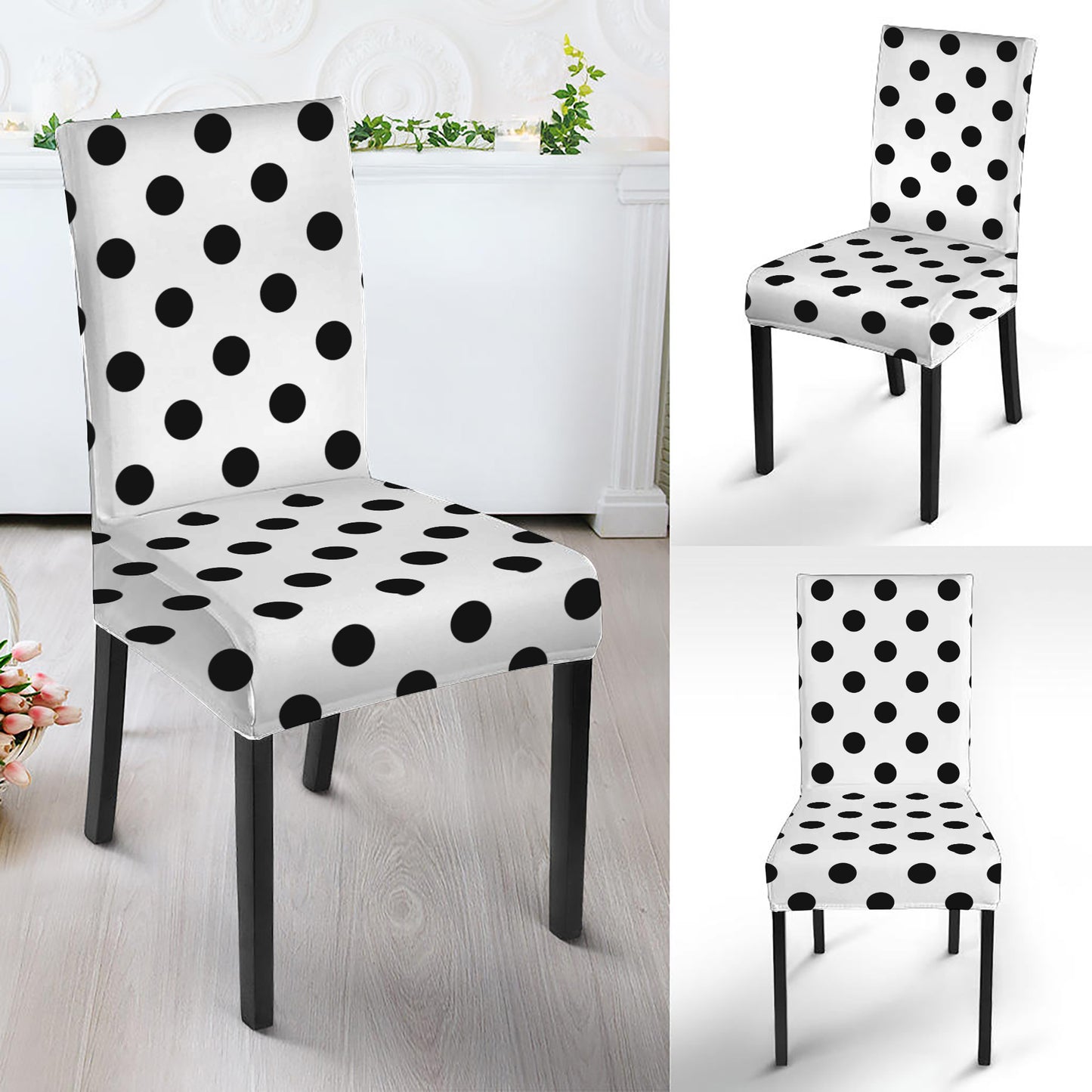 White And Black Polka Dot Pattern Print Dining Chair Slipcover