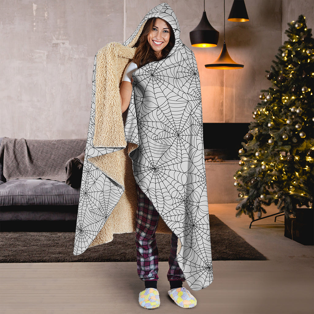 White And Black Spider Web Pattern Print Hooded Blanket