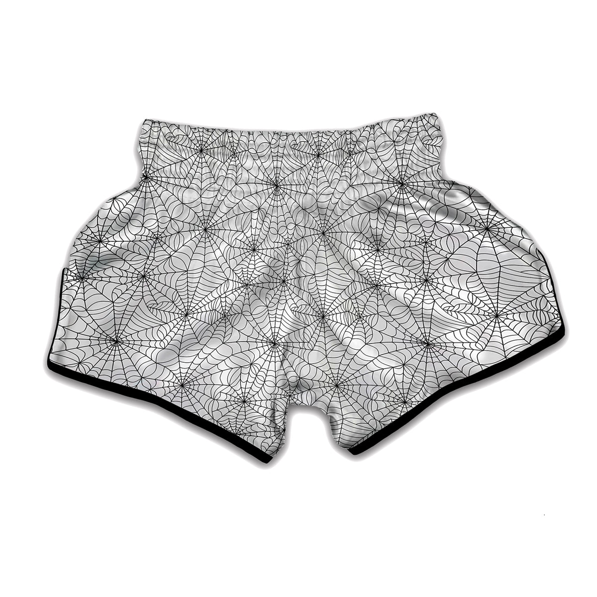 White And Black Spider Web Pattern Print Muay Thai Boxing Shorts