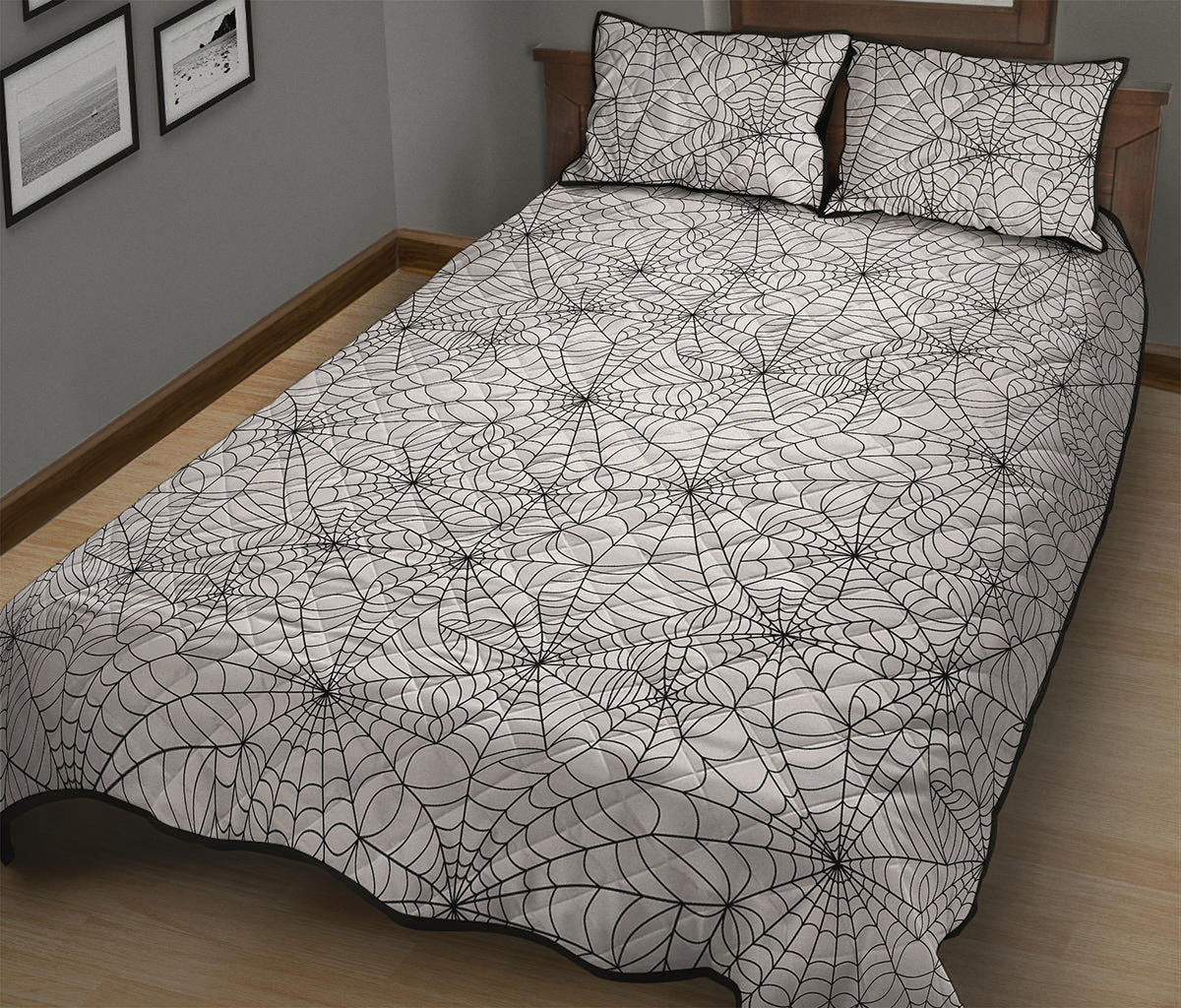 White And Black Spider Web Pattern Print Quilt Bed Set