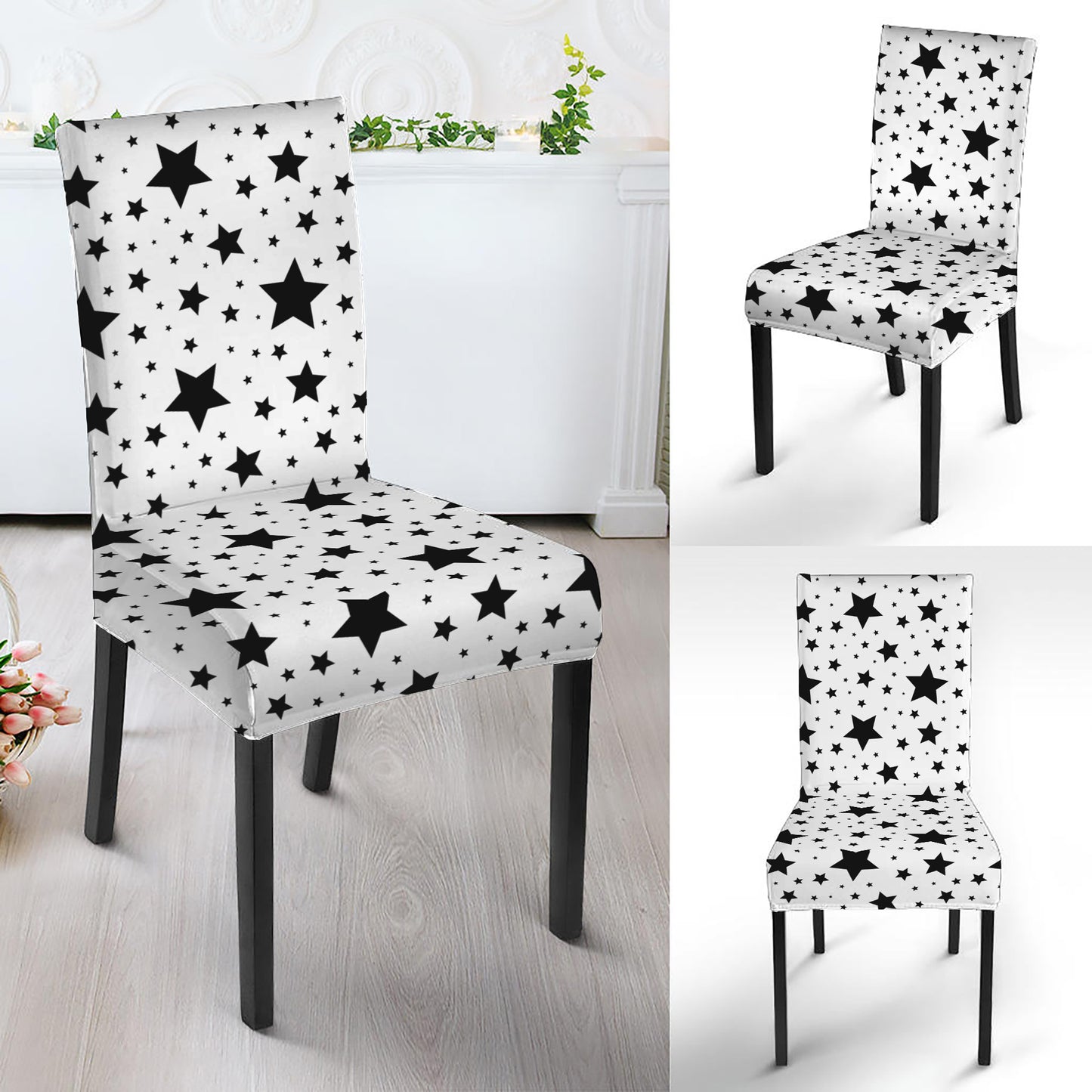White And Black Star Pattern Print Dining Chair Slipcover
