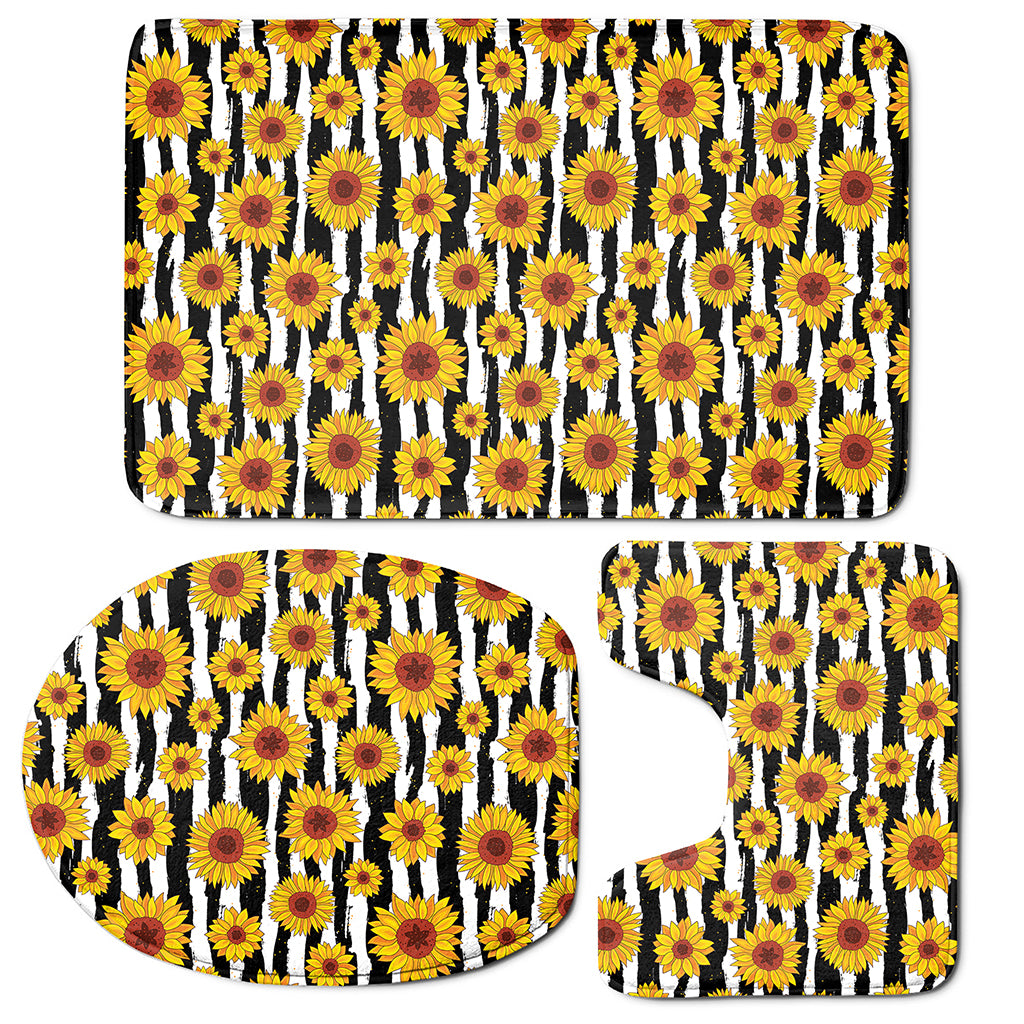 White And Black Stripe Sunflower Print 3 Piece Bath Mat Set