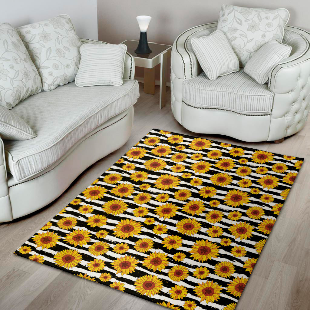 White And Black Stripe Sunflower Print Area Rug