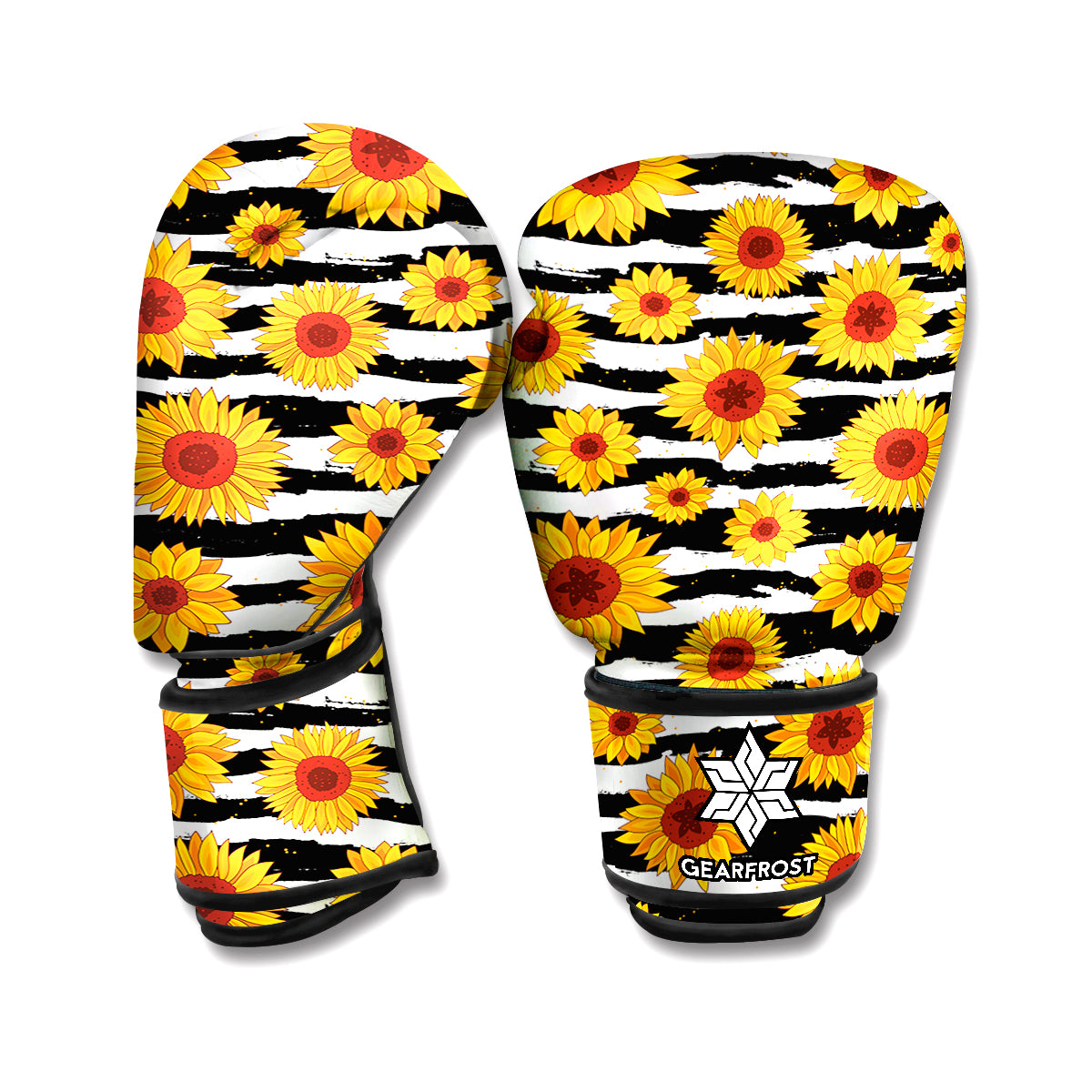 White And Black Stripe Sunflower Print Boxing Gloves